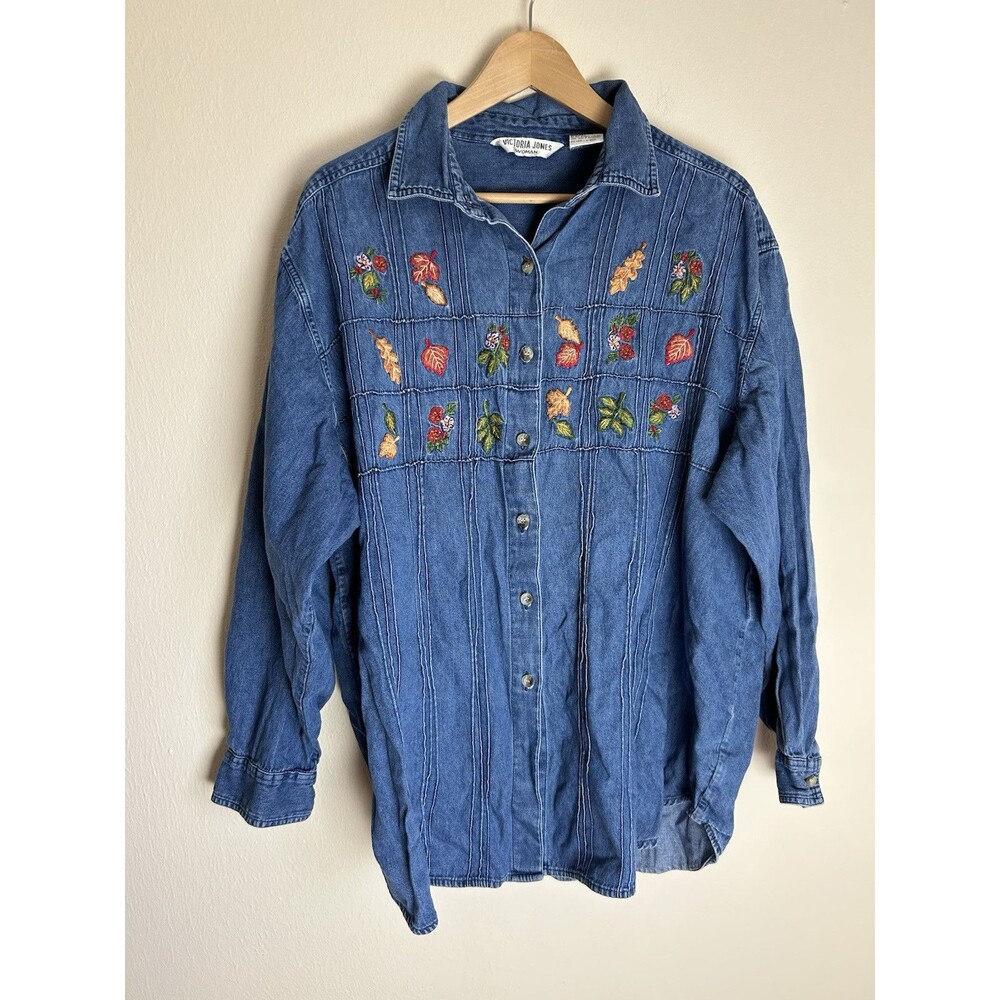 Vintage Victoria Jones 24W Embroidered Floral Leaf Jean Button Up Shirt Peasant